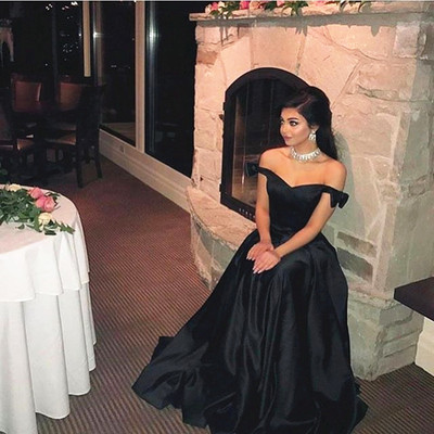 Black prom dress simple off-shoulder a-line long prom evening dress customized made e425