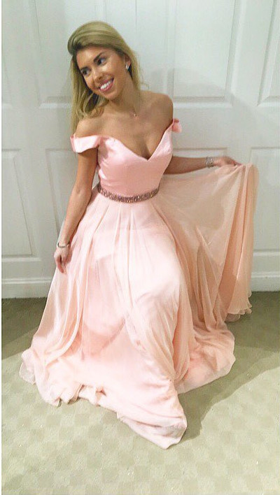 Cheap Prom Dress Elegant Pink A-line Off-shoulder Chiffon Long Evening Prom Dress With Sash E426