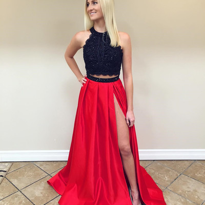 Two piece prom dresses sexy halter a-line backless high slit lace crystal prom evening dress e430