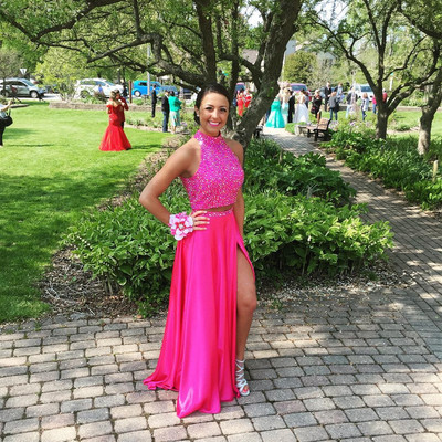 Two piece prom dress charming high neck a-line beaded crystal diamond prom party evening dresses e433