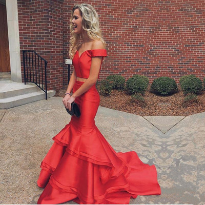Two Piece Prom Dress Simple Off-shoulder Sweetheart Mermaid Ruffles Tiered Evening Dress Long E437