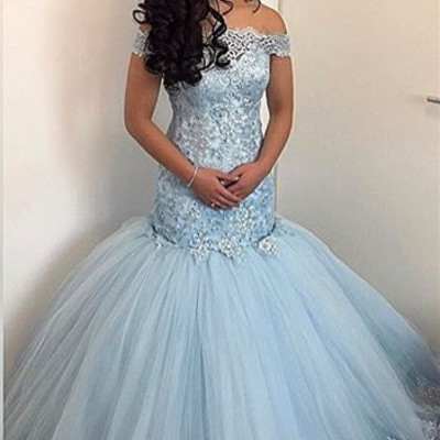 Elegant off-shoulder short sleeves long lace appliques mermaid prom evening dresses e440