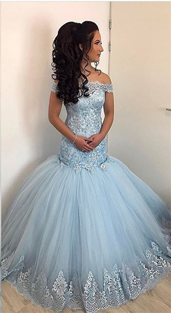 Elegant Off-shoulder Short Sleeves Long Lace Appliques Mermaid Prom Evening Dresses E440
