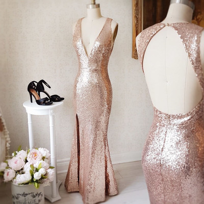 Rose Gold Sequins Prom Dress Sexy Seep V-neck Backless Sleeveless Long High Slit Mermaid Long Prom Party Dresses E441