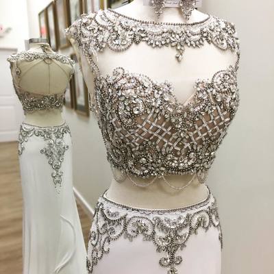 Two Piece Prom Dress Sexy O-neck Rhinestones Diamond Spandex Mermaid Prom Evening Dresses E442