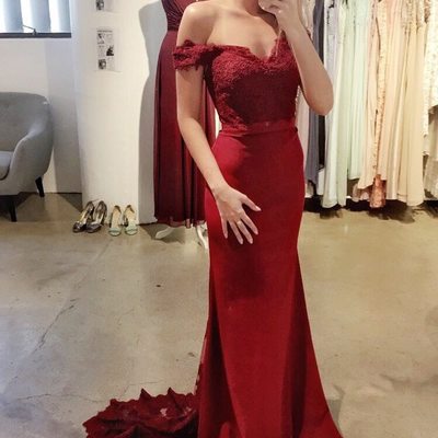 Burgundy evening dress elegant off-shoulder sweetheart long lace appliques mermaid prom evening dresses e443