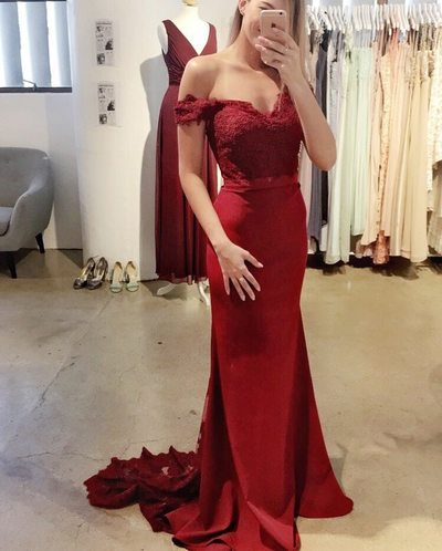 Burgundy Evening Dress Elegant Off-shoulder Sweetheart Long Lace Appliques Mermaid Prom Evening Dresses E443