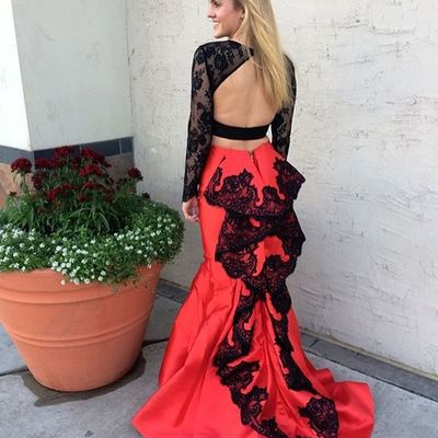 Two piece evening dress elegant o-neck long sleeves lace appliques backless prom party evening dresses e444