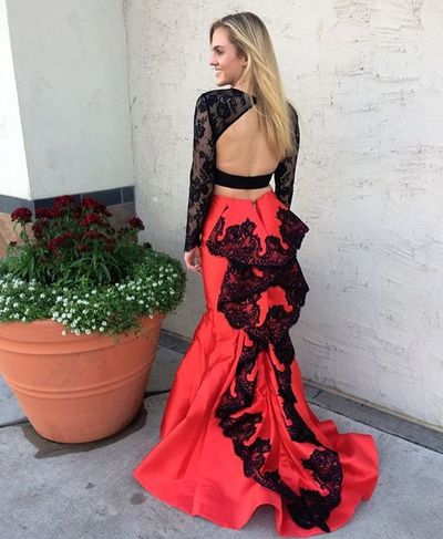 Two Piece Evening Dress Elegant O-neck Long Sleeves Lace Appliques Backless Prom Party Evening Dresses E444