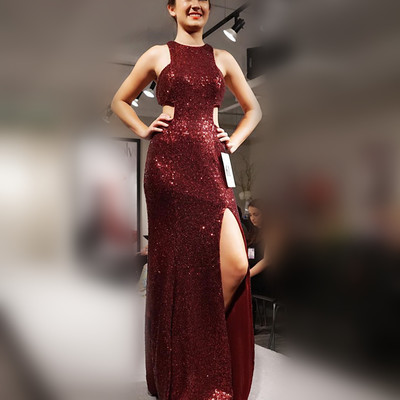 Burgundy sequins prom dress elegant o-neck high slit mermaid prom party dresses e445