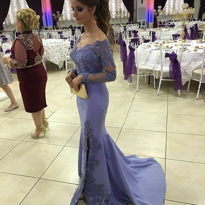 Elegant v-neck long sleeves mermaid lace appliques beaded crystal prom evening dress with slit e447