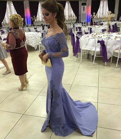 Elegant V-neck Long Sleeves Mermaid Lace Appliques Beaded Crystal Prom Evening Dress With Slit E447