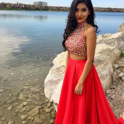 Two piece prom dresses sexy red high neck a-line high slit rhinestones diamond prom party dresses e449