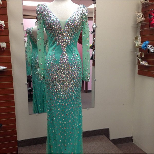 Rhinestones Prom Dress Sexy V-neck Backless Diamond Long Sleeves Mermaid Prom Evening Dress E450