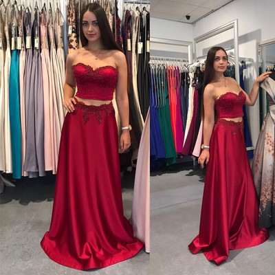 Two Piece Prom Dress Elegant Sweetheart A-line Appliques Crystal Satin Evening Prom Dress E452