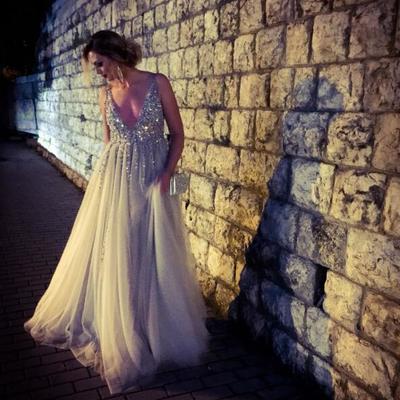 Sexy backless deep v-neck sequins beaded crystal prom dresses long sparkly prom party evening dress p85