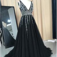Sexy Backless Deep V-neck Sequins Beaded Crystal Prom Dresses Long Sparkly Prom Party Evening Dress P85 - Thumbnail 1