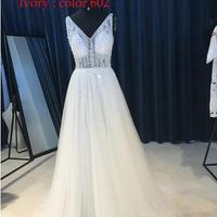 Sexy Backless Deep V-neck Sequins Beaded Crystal Prom Dresses Long Sparkly Prom Party Evening Dress P85 - Thumbnail 2