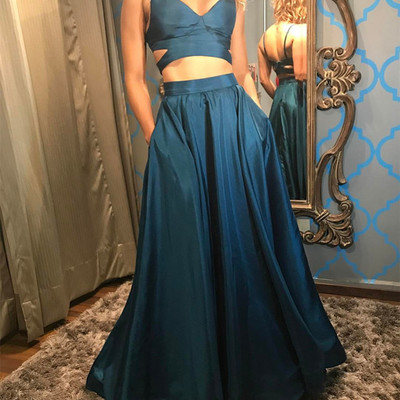 Two piece prom dress sexy spaghetti backless a-line long satin prom evening dress e453
