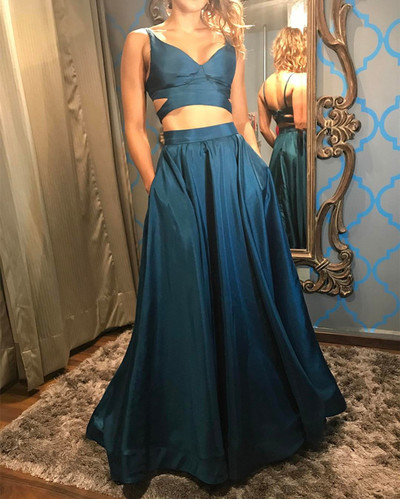Two Piece Prom Dress Sexy Spaghetti Backless A-line Long Satin Prom Evening Dress E453