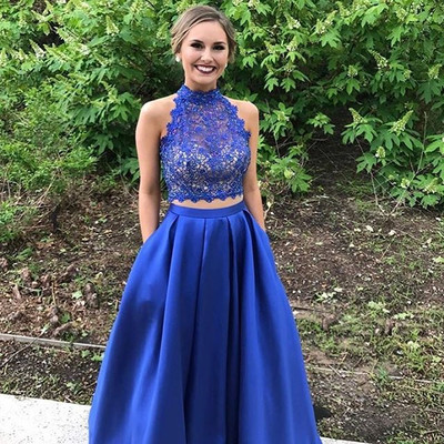 Royal Blue Two Piece Prom Dress Elegant High Neck Lace Beaded Satin Prom Evening Dresses E454