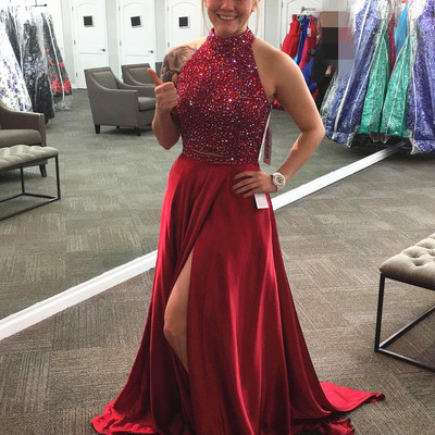 Sexy backless high skit burgundy prom dress long beaded rhinestones crystal long prom party dresses e457