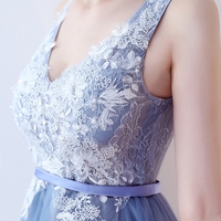 Cute blue v neck lace knee length prom dress,  homecoming dresses - Thumbnail 1