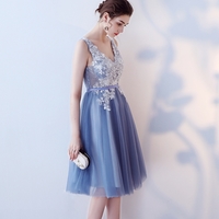 Cute blue v neck lace knee length prom dress,  homecoming dresses - Thumbnail 2