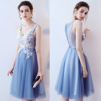 Cute blue v neck lace knee length prom dress,  homecoming dresses - Thumbnail 3
