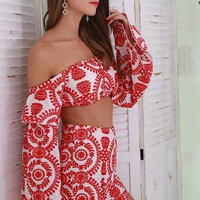 Two Piece Red Floral Set - Thumbnail 1