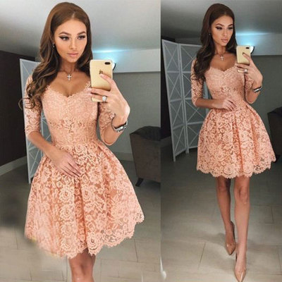 Half long sleeves lace short homecoming dresses prom dresses - Thumbnail 4