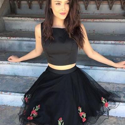 Black two pieces tulle short prom dress, black homecoming dress