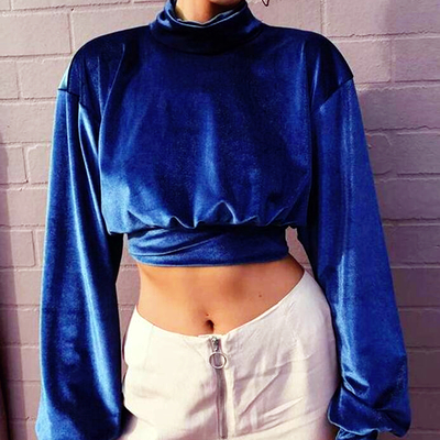 Blue velvet high neck cropped pullover - Thumbnail 5