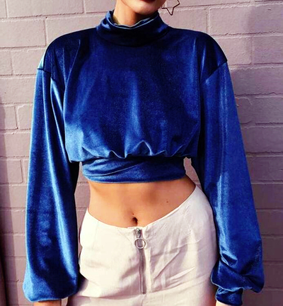 Blue Velvet High Neck Cropped Pullover