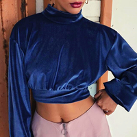 Blue Velvet High Neck Cropped Pullover - Thumbnail 1