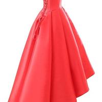 Red Satin Short Front Long Back Prom Dresses, Red Prom Dresses, Party Dresses - Thumbnail 2