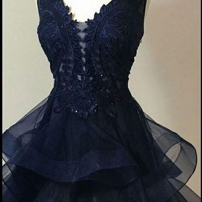 Navy blue v-neck short lace appliques ruffles tiered knee length homecoming dress hd03