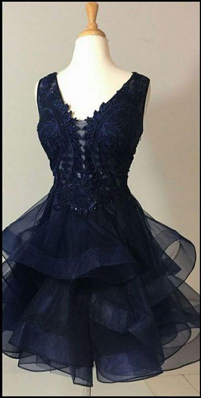 Navy Blue V-neck Short Lace Appliques Ruffles Tiered Knee Length Homecoming Dress HD03