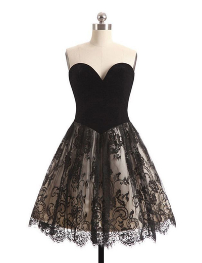 Simple Sweetheart A-line Black Lace Homecoming Dress Short Party Dresses Knee Length Birthday Dress HD04