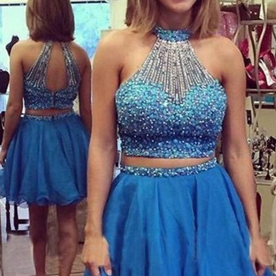 Two piece homecoming dress sexy halter beaded crystal sequins knee length chiffon prom party dresses hd05