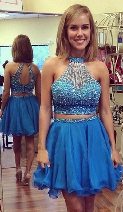Two Piece Homecoming Dress Sexy Halter Beaded Crystal Sequins Knee Length Chiffon Prom Party Dresses HD05