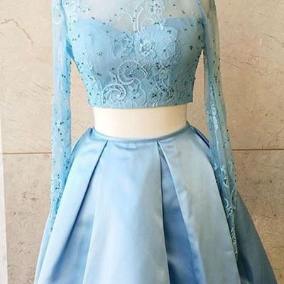Two piece homecoming dress sexy long sleeves lace beaded a-line satin short knee length prom party birthday women dress hd07