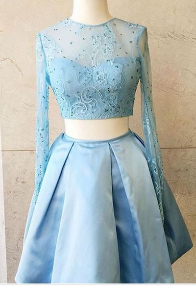 Two Piece Homecoming Dress Sexy Long Sleeves Lace Beaded A-line Satin Short Knee Length Prom Party Birthday Women Dress HD07