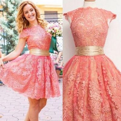 Fashion boat neck cap sleeves knee length lace homecoming prom party dresses hd08