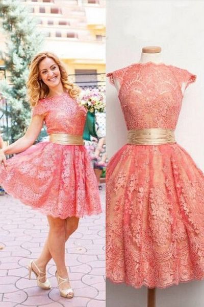 Fashion Boat Neck Cap Sleeves Knee Length Lace Homecoming Prom Party Dresses HD08