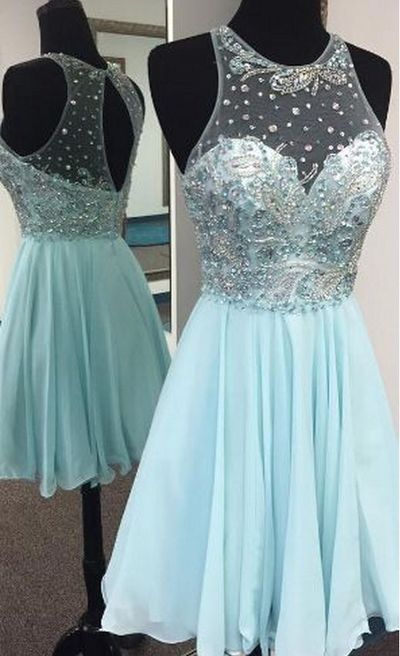 Fashion A-line O-neck Knee Length Short Chiffon Beaded Crystal Homecoming Dress Prom Party Dresses HD09