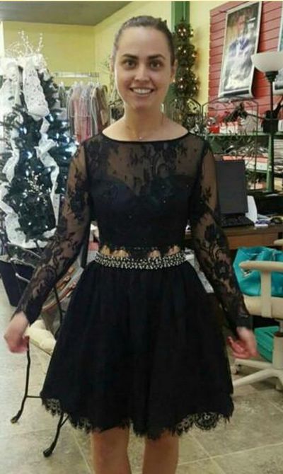 Two Piece Homecoming Dress New Arrival Long Sleeves Lace Beaded Short Homecoming Dresses HD10