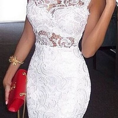 Sexy high neck see through sheath knee length short lace prom party dresses white homecoming dress hd11