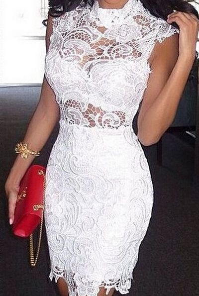 Sexy High Neck See Through Sheath Knee Length Short Lace Prom Party Dresses White Homecoming Dress HD11