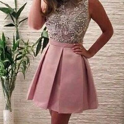 Pink homecoming dress charming o-neck a-line short lace pearls prom party birthday dresses hd12